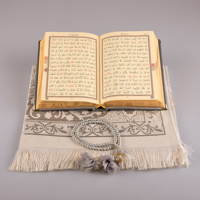 Asetat Kutulu Kadife Kuran-ı Kerim Seti (Gri)