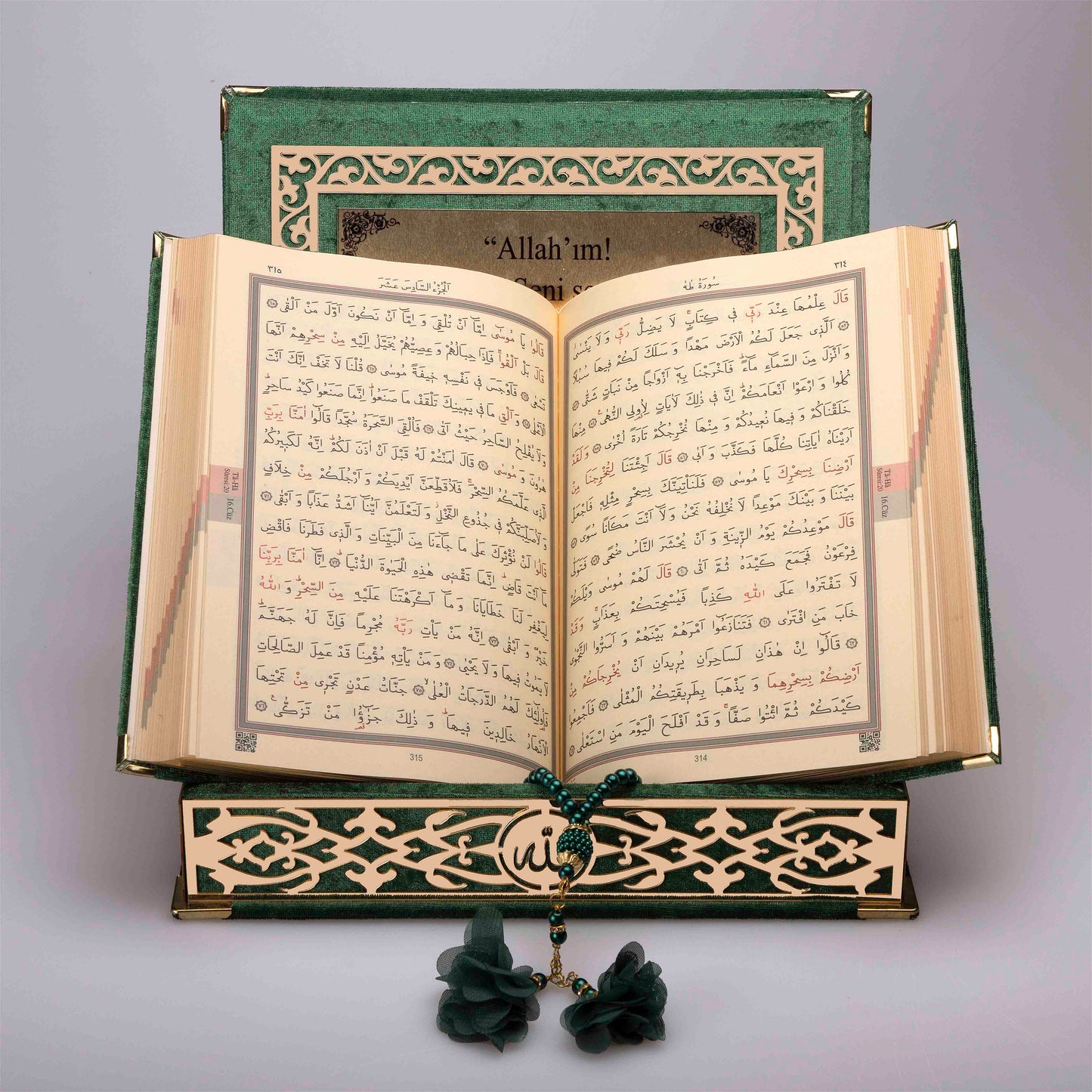 Kadife Kutulu Kur'an-ı Kerim (Yeşil, Gold Süsleme)