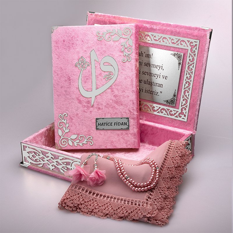 Kadife Kutulu Kur'an-ı Kerim Seti (Bebe Pembe, Gümüş Süsleme)