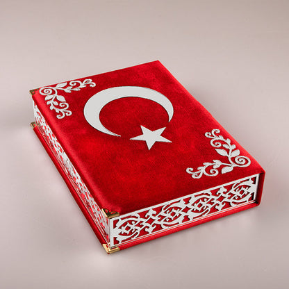 Kadife Kutulu Kur'an-ı Kerim (Ay Yıldız, Gümüş Süsleme)