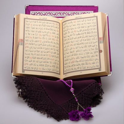 Kadife Kutulu Kur'an-ı Kerim Seti (Mor, Gümüş Süsleme)