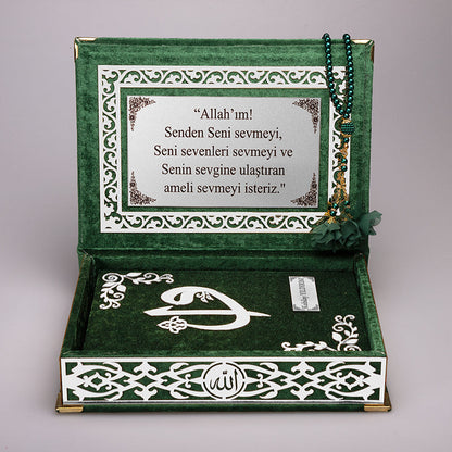 Kadife Kutulu Kur'an-ı Kerim (Yeşil, Gümüş Süsleme)